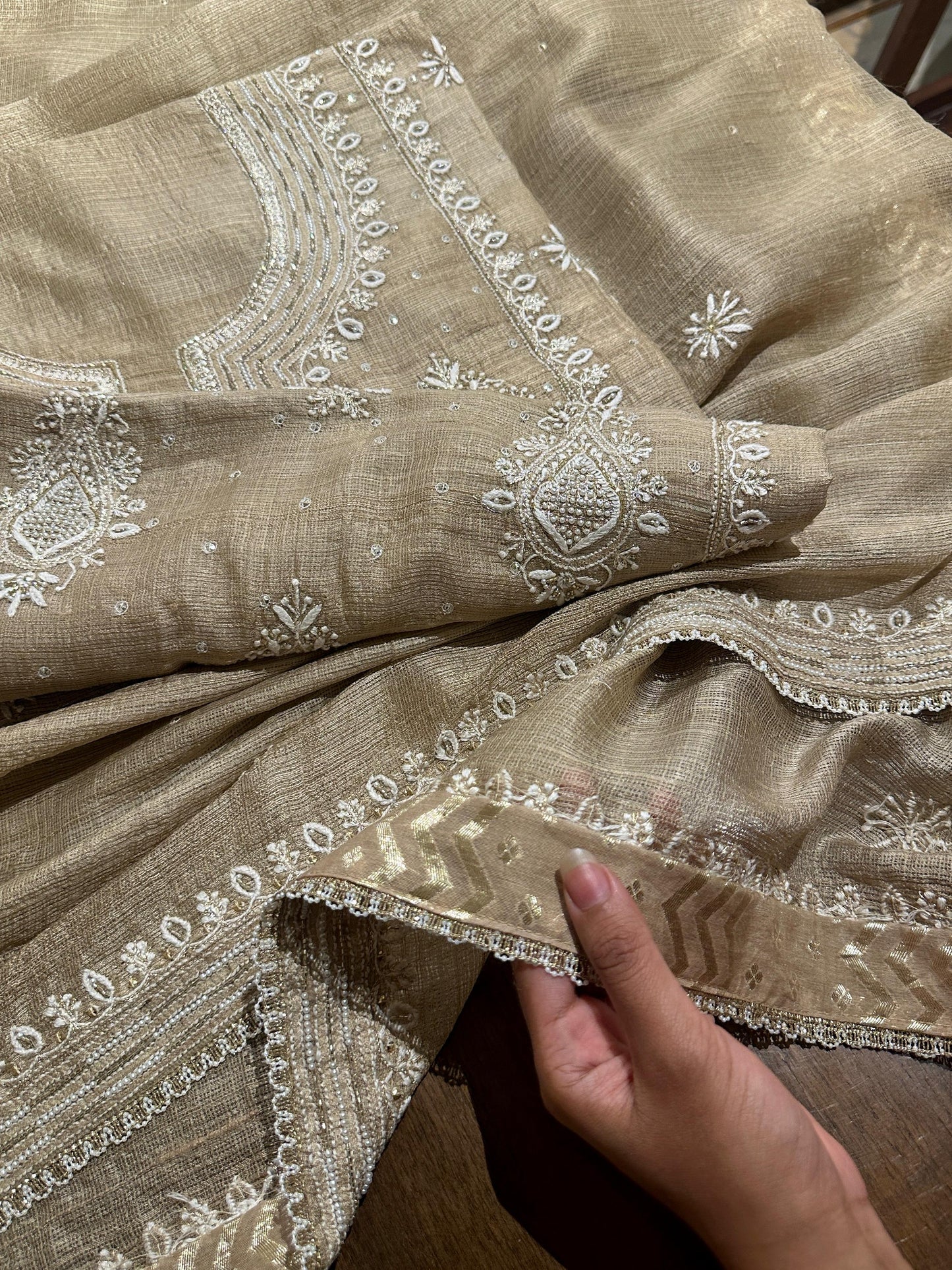 Beige Rasm Tussar Kota Chikankari Unstitched Chikankari Fabric