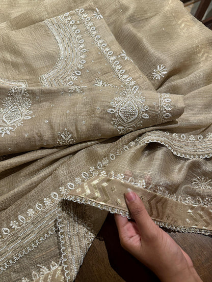Beige Rasm Tussar Kota Chikankari Unstitched Chikankari Fabric