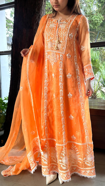Orange Noor Organza Chikankari Anarkali Kurta With Dupatta