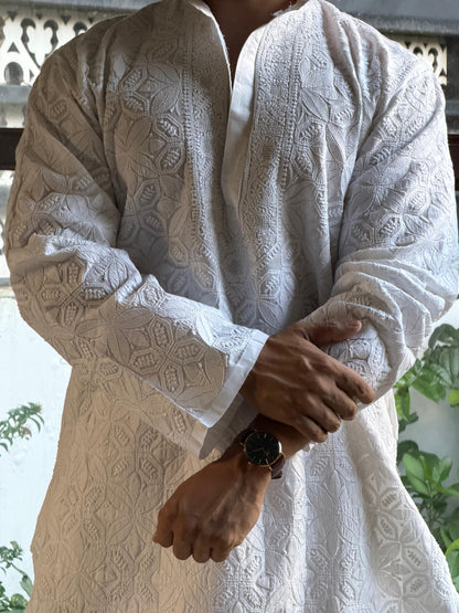 White Cotton Chikankari Men's Kurta