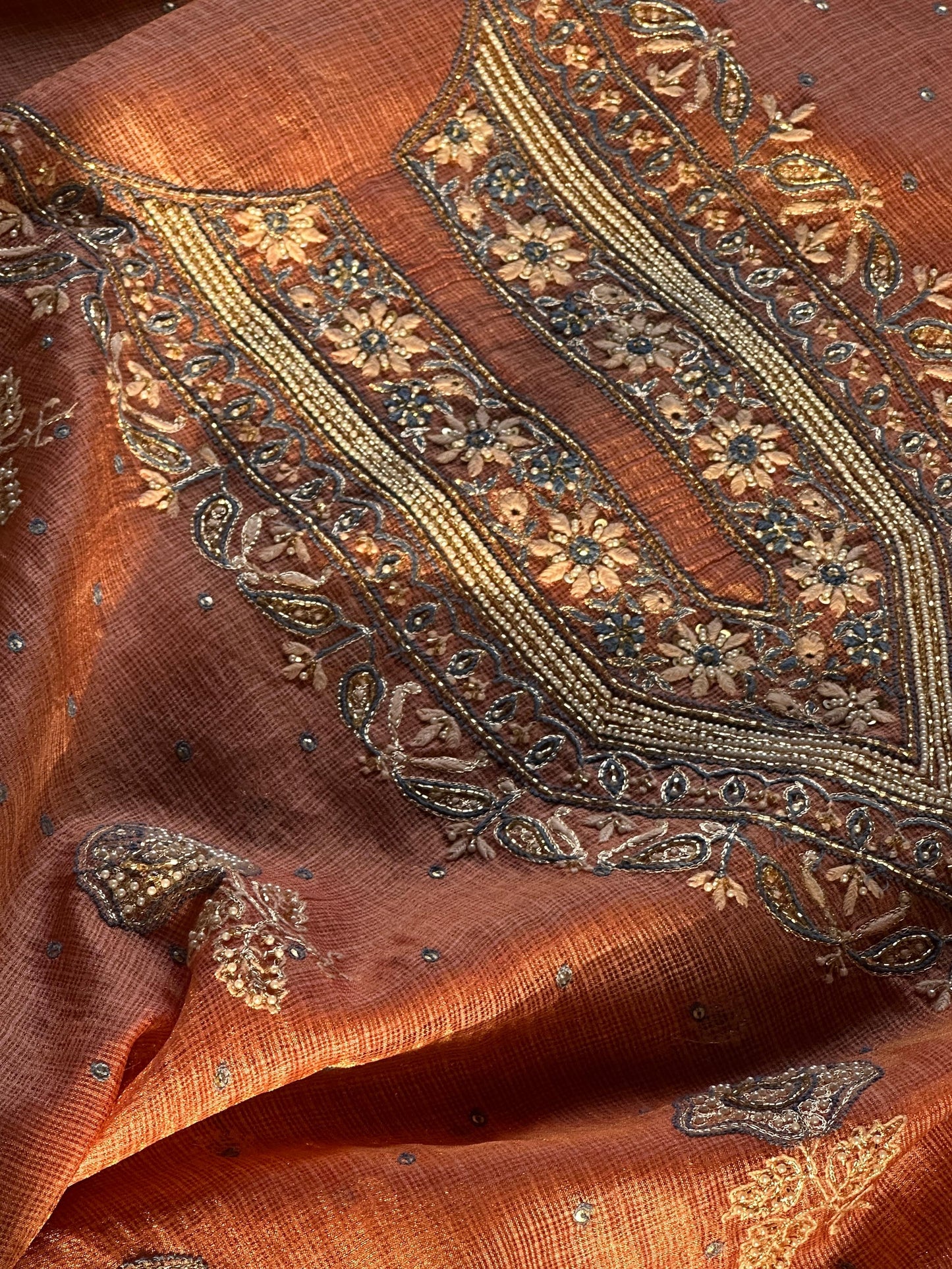Burnt Peach Shade Tissue Silk Kota Chikankari Unstitched Fabric