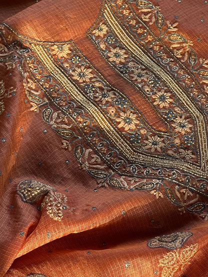 Burnt Peach Shade Tissue Silk Kota Chikankari Unstitched Fabric