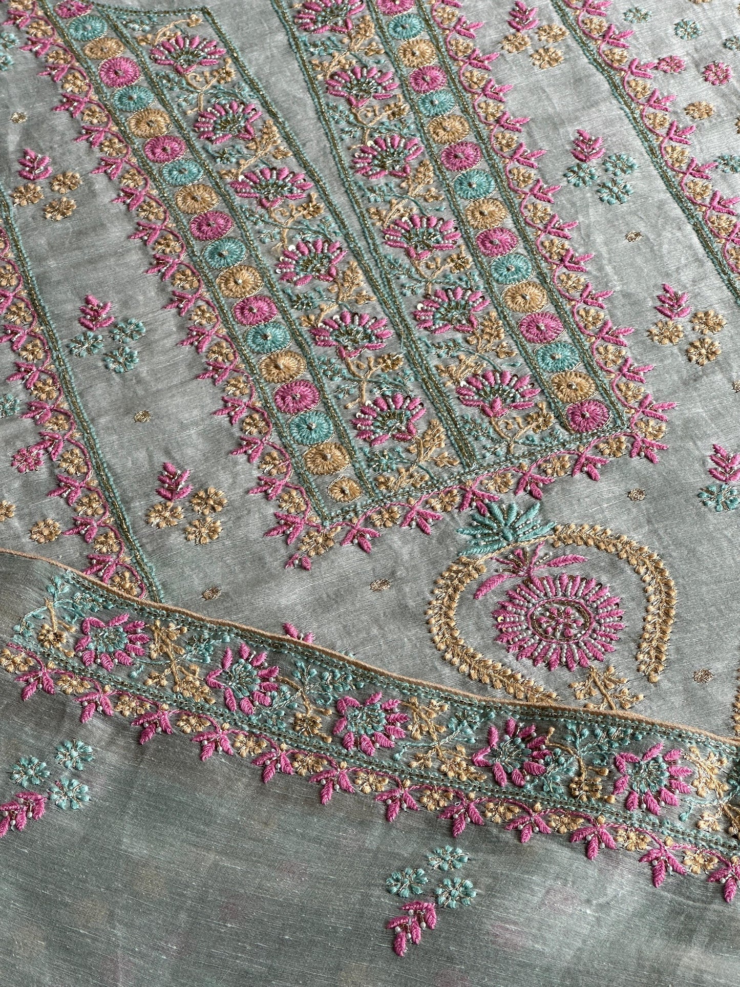 Pastel Mint Shade Rasm Silk Chikankari With Ari Work Unstitched Kurta Dupatta Set