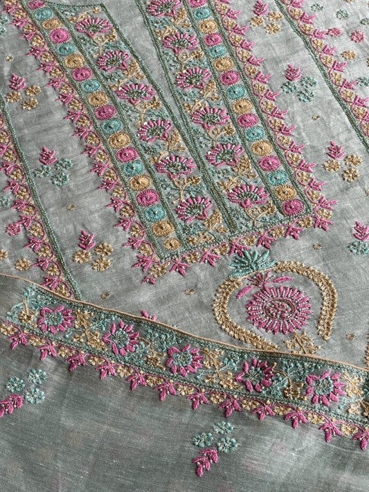 Pastel Mint Shade Rasm Silk Chikankari With Ari Work Unstitched Kurta Dupatta Set