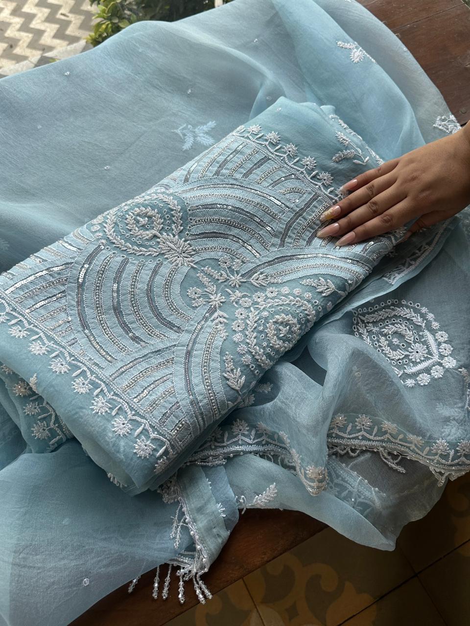 Powder Blue Noor Organza Banarasi Silk Chikankari Unstitched Kurta Dupatta Set