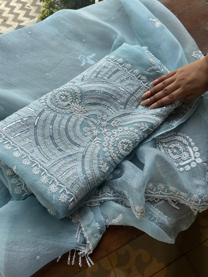 Powder Blue Noor Organza Banarasi Silk Chikankari Unstitched Kurta Dupatta Set
