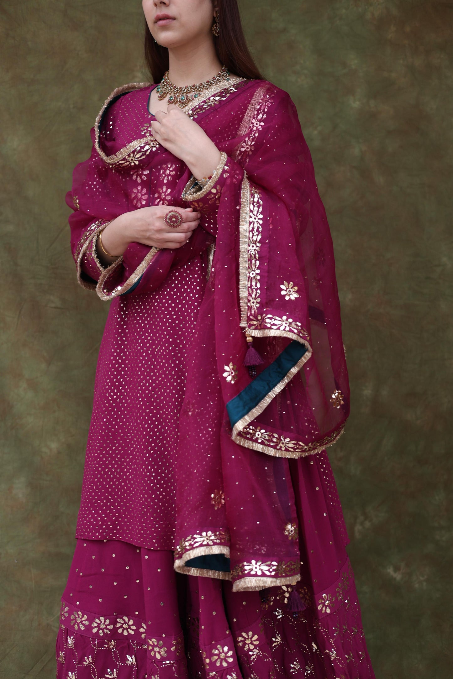 Mukaish Kamdani Plum shade Pure Georgette Kurta Gharara Set with Organza Dupatta