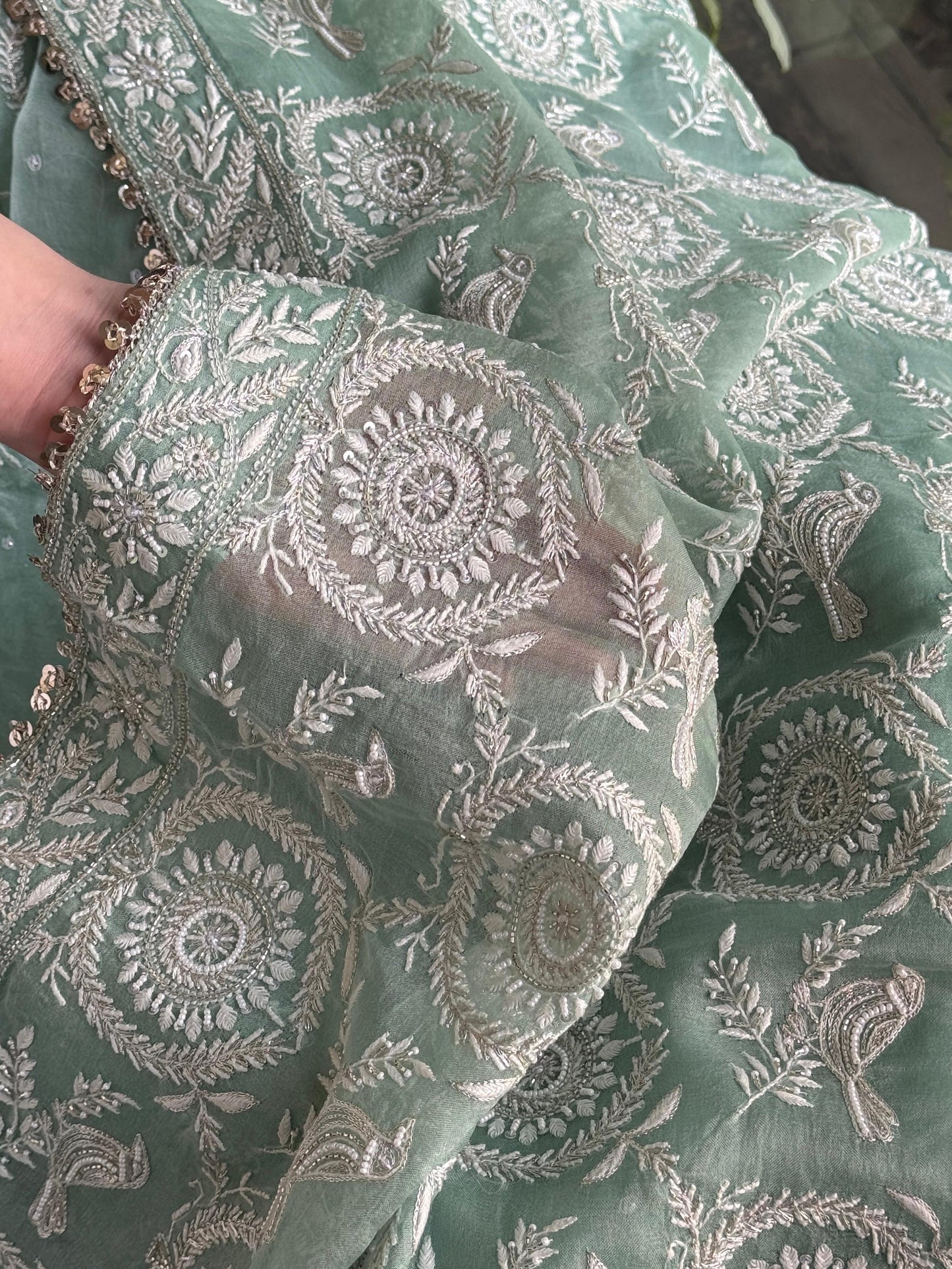 Mint Green Sparrow Motif Noor Organza Chikankari Saree With Blouse