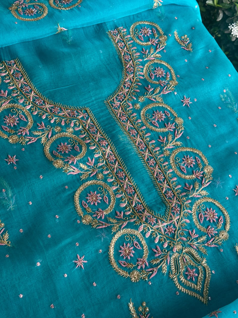 Peacock Blue Organza Banarasi Silk Chikankari Unstitched Kurta Dupatta Set