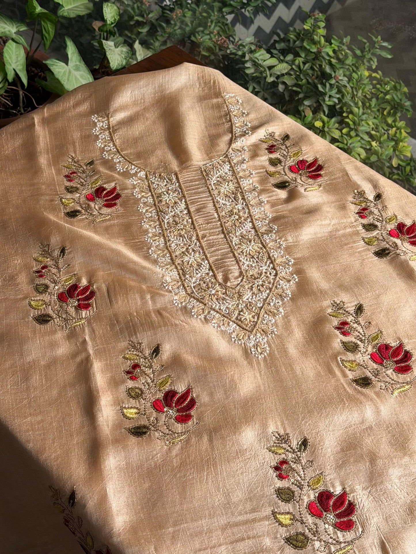 Natural Paper Tussar Resham Chikankari Unstitched Fabric Kurta Dupatta Set