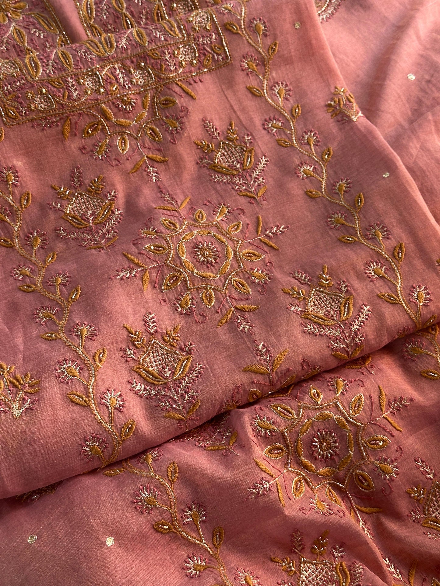 Rose Pink Shade Roheen Tissue Silk Chikankari Unstitched Fabric