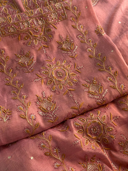 Rose Pink Shade Roheen Tissue Silk Chikankari Unstitched Fabric