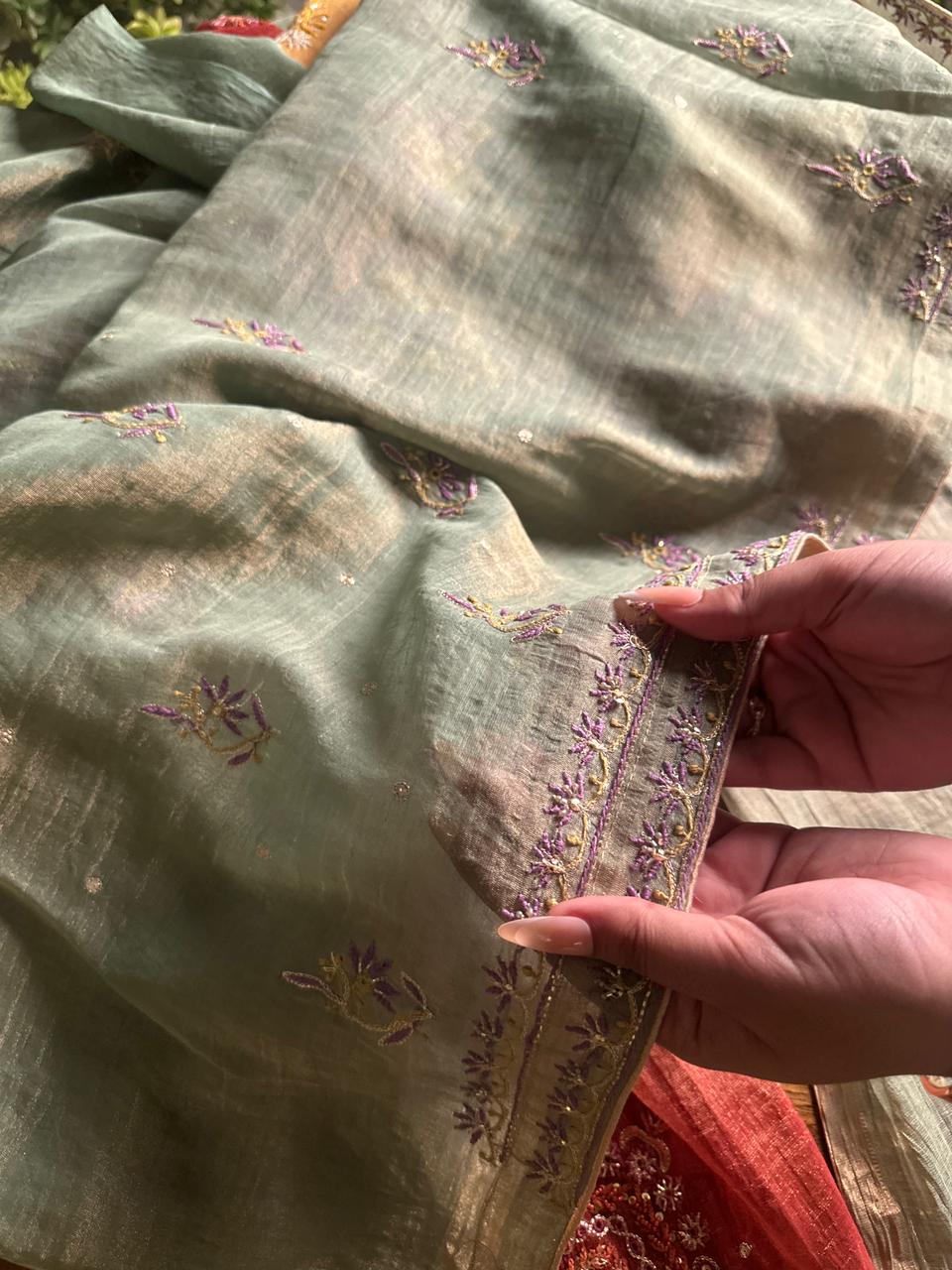 Sage Green & Purple Tissue Silk Chikankari Unstitched Fabric
