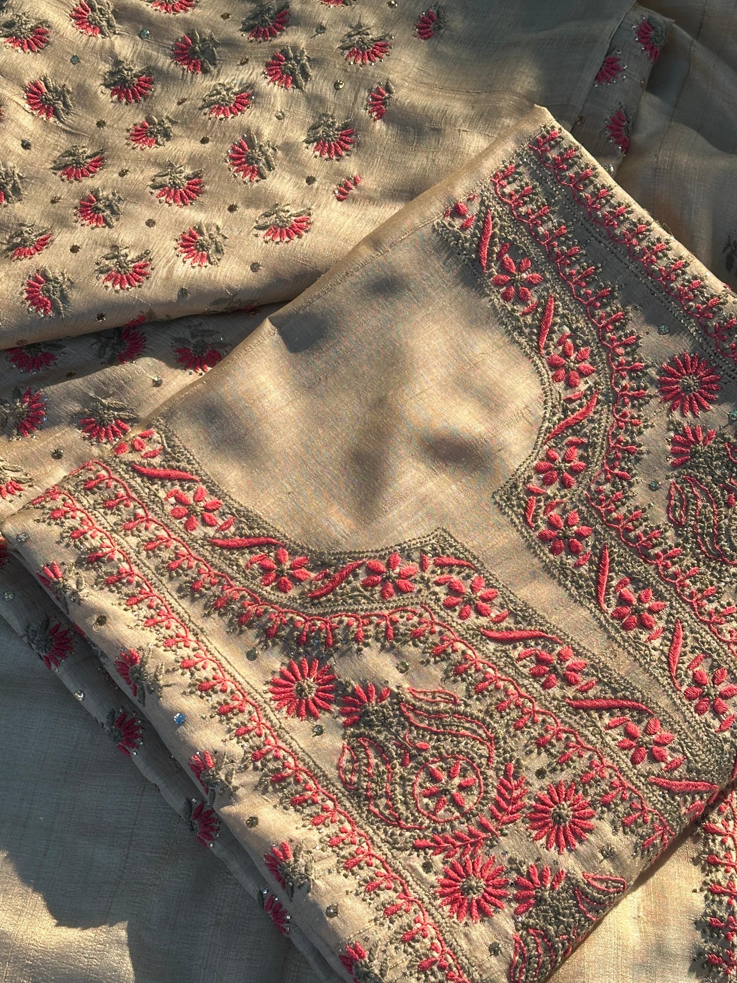 Natural Beige Shade Tussar Silk With Dual Thread Chikankari Fabric
