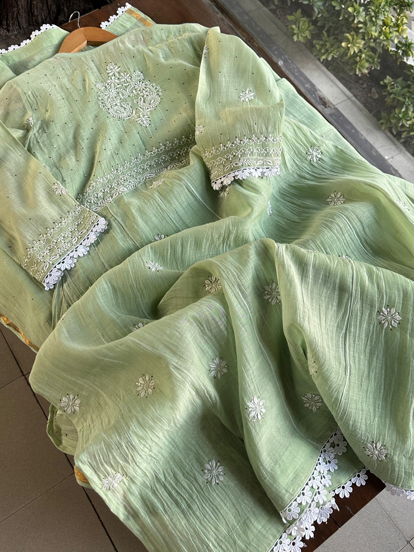 Mint Green Shade Malmal Mukaish Kamdani Chikankari Kalidar Angarkha