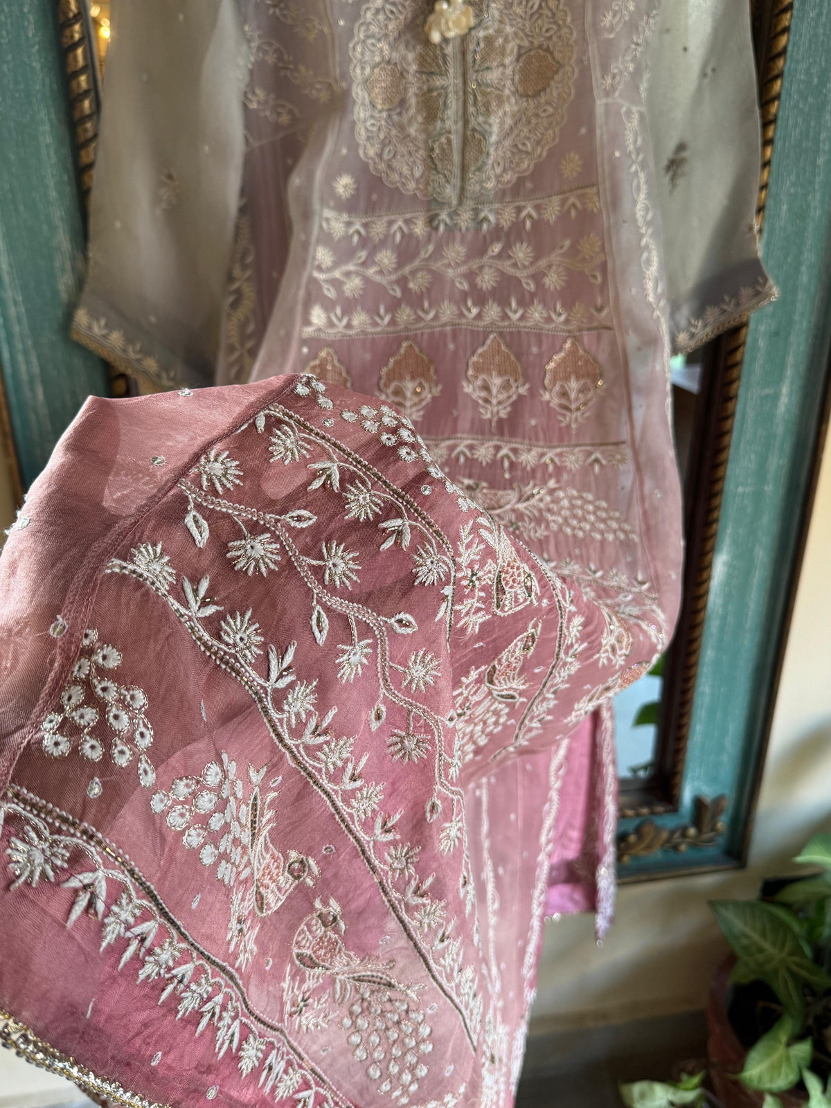 Grey & Pink Ombre Shade Noor Organza Chikankari Anarkali