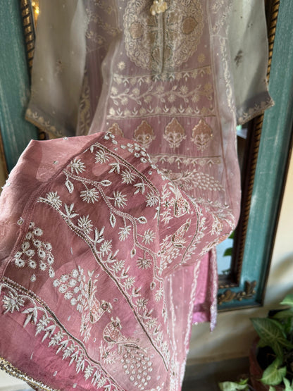 Grey & Pink Ombre Shade Noor Organza Chikankari Anarkali