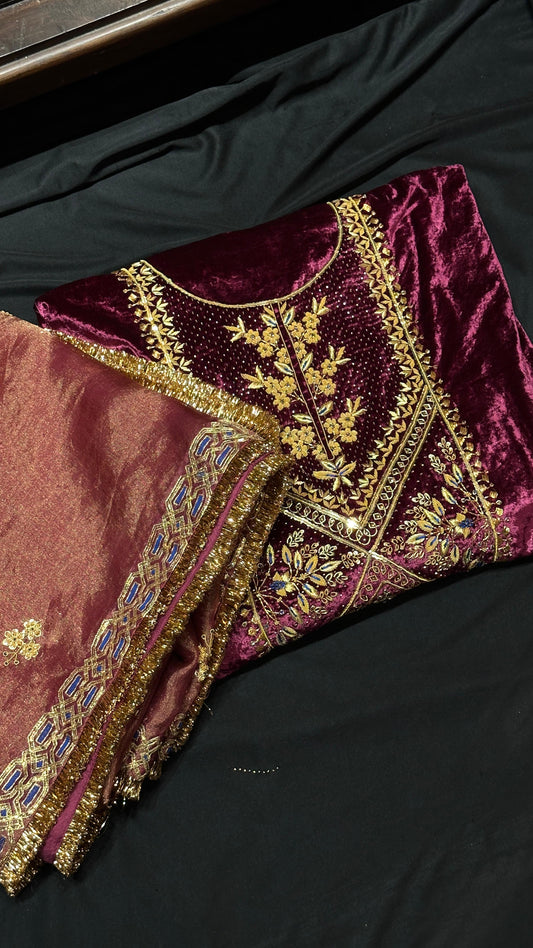 Wine Berry Shade | Saman Velvet Ready To Wear Kurta Set