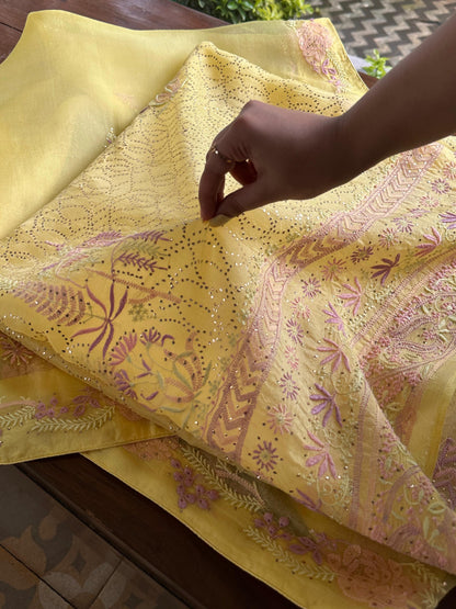 Pineapple Yellow | Noor Organza Silk Chikankari With Kamdani Fabric