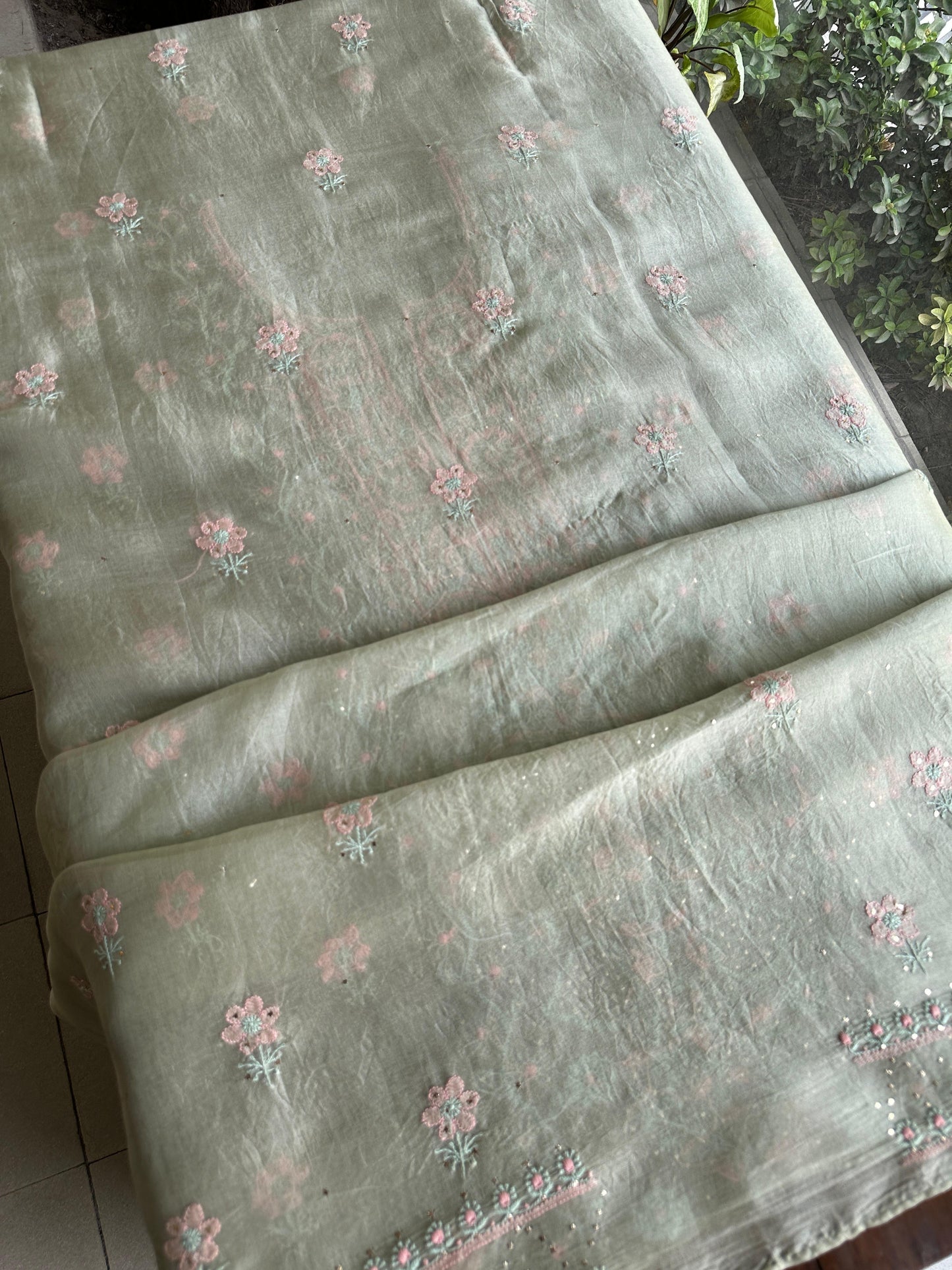 Olive Green Noor Organza Silk Chikankari With Kamdani Fabric