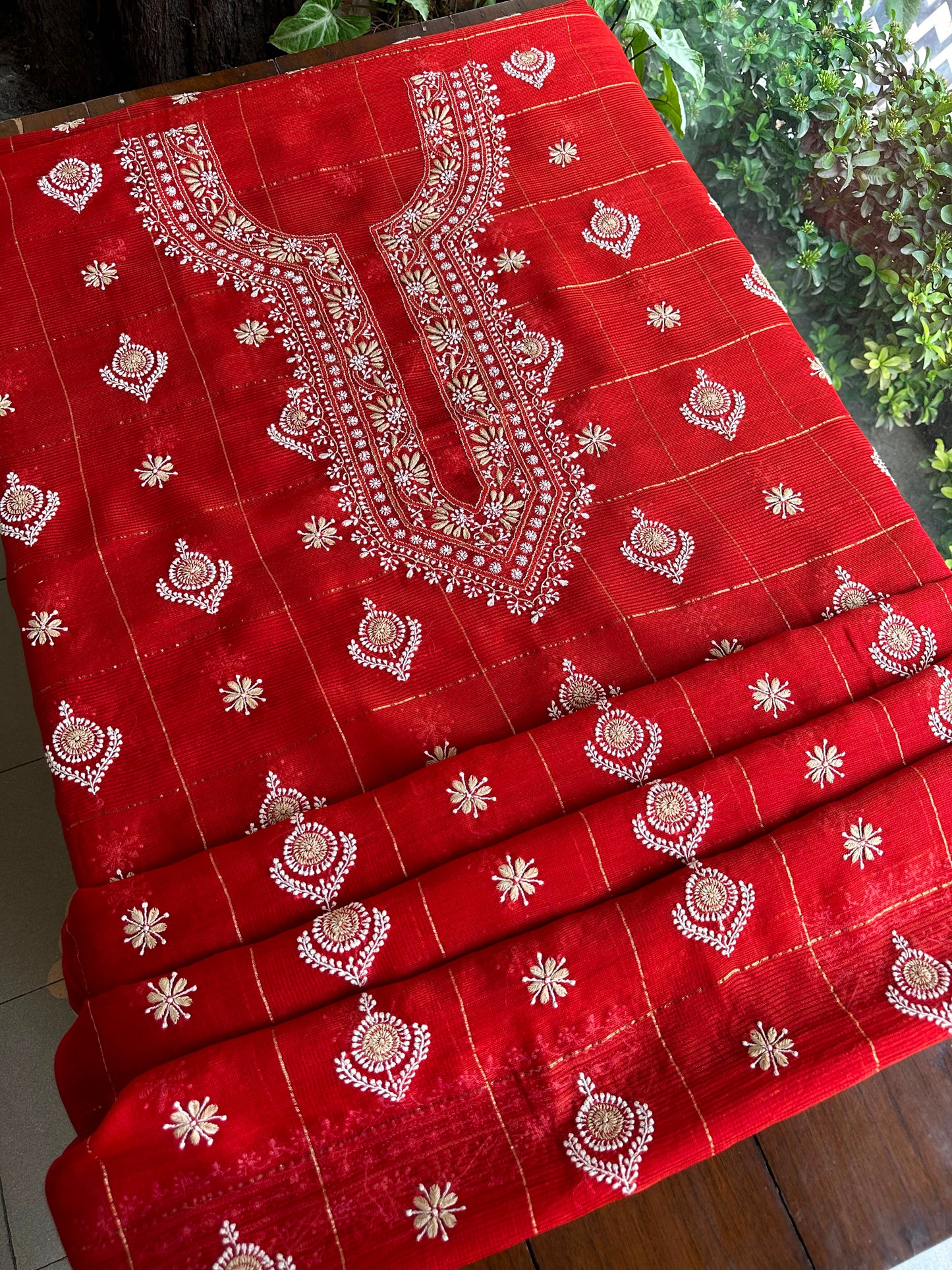 Red Shade Tissue Zari Kota Chikankari Unstitched Fabric