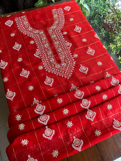 Red Shade Tissue Zari Kota Chikankari Unstitched Fabric