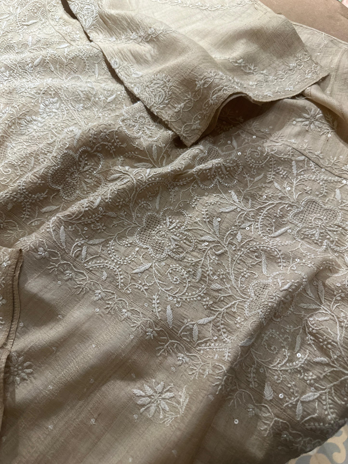 Semi Stitched Natural Shade Tussar Silk Chikankari Kurta Dupatta Set