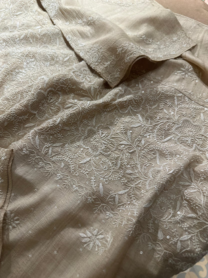 Semi Stitched Natural Shade Tussar Silk Chikankari Kurta Dupatta Set