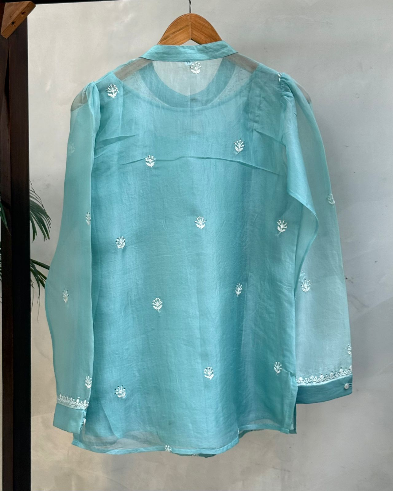 Powder Blue Noor Organza Bird Pattern Resham Chikankari Short Top