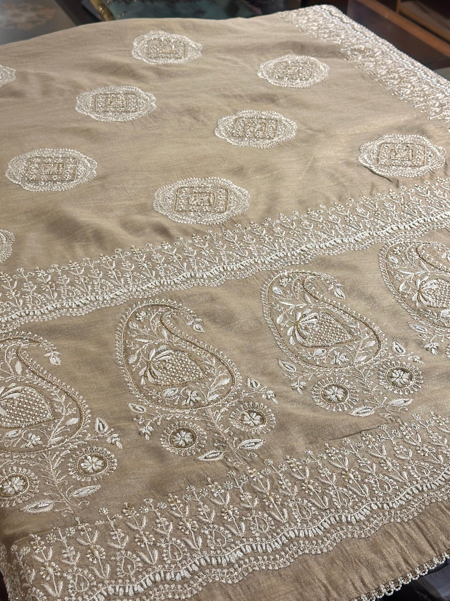 Natural Shade Fine Chikankari Ari Tissue Silk Dupatta