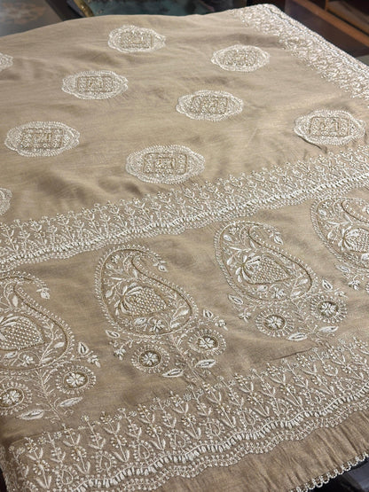 Natural Shade Fine Chikankari Ari Tissue Silk Dupatta