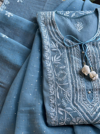 Blue Shade Semi Stitched Kota Tepchi Chikankari Kurta Dupatta Set