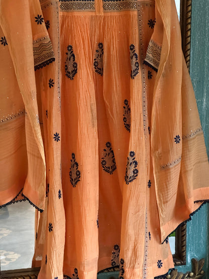 Orange Blue Malmal Mukaish Kamdani Chikankari Stitched Kurta Dupatta Set