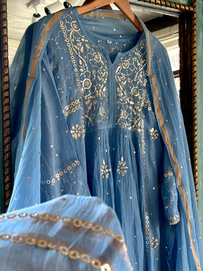 Powder Blue Shade Mukaish Mul Chanderi Silk Dress
