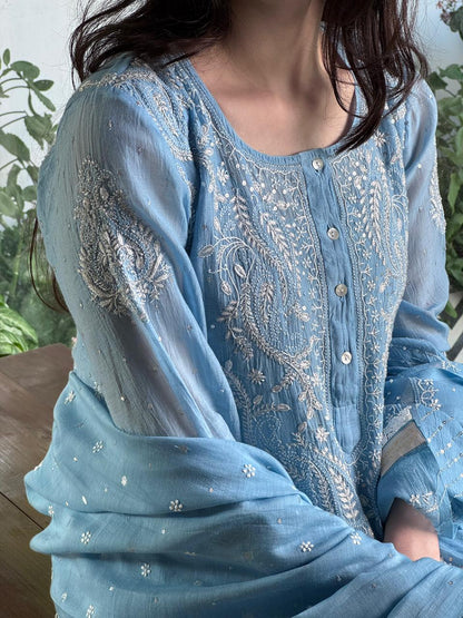 Powder Blue Shade Malmal Pearl Work Chikankari Anarkali