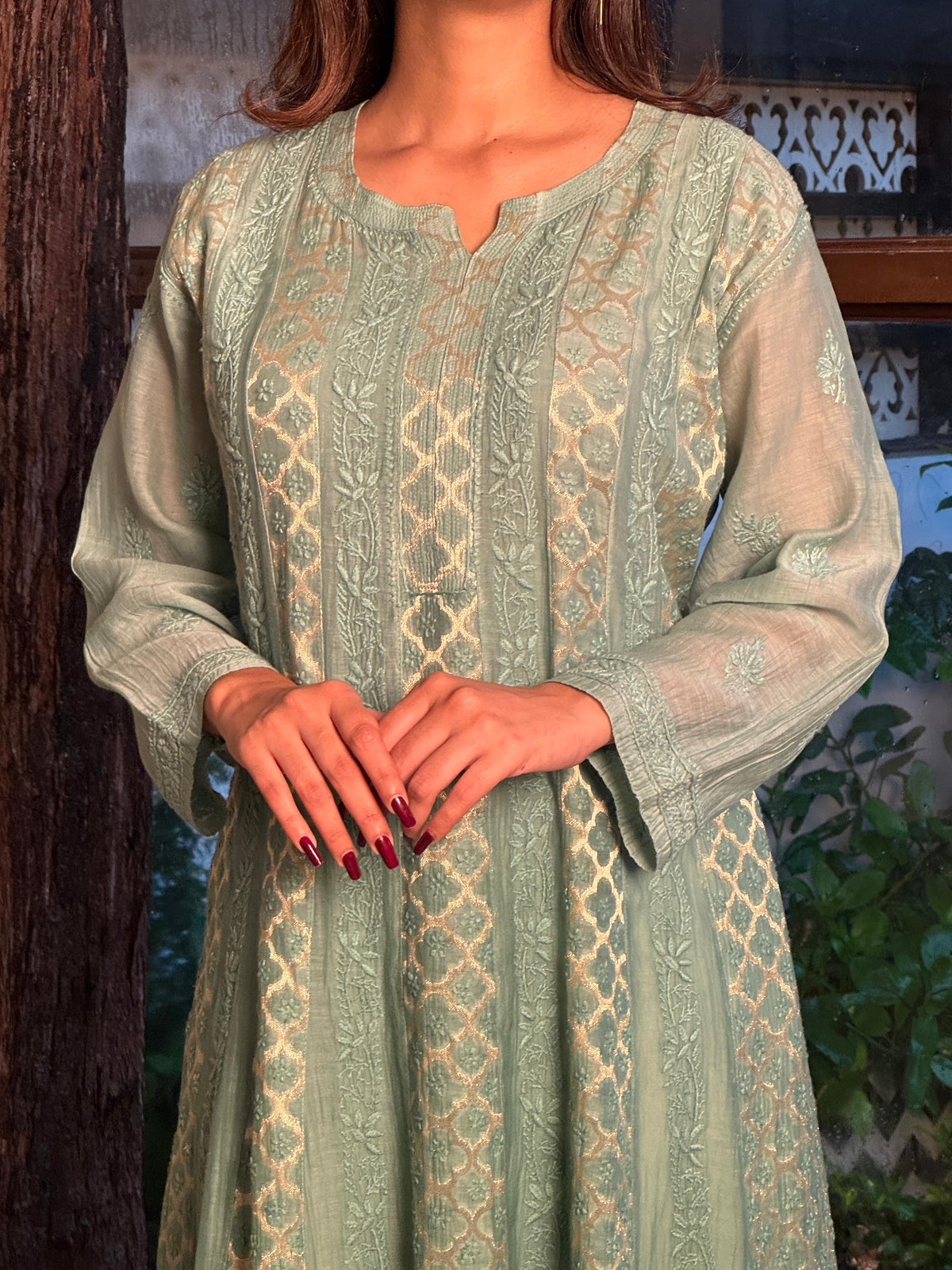 Sea Green Zari Chanderi Chikankari A Line Kurta with Slip