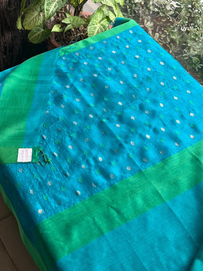 Blue Woven Butta Saree with Contrast Green Border