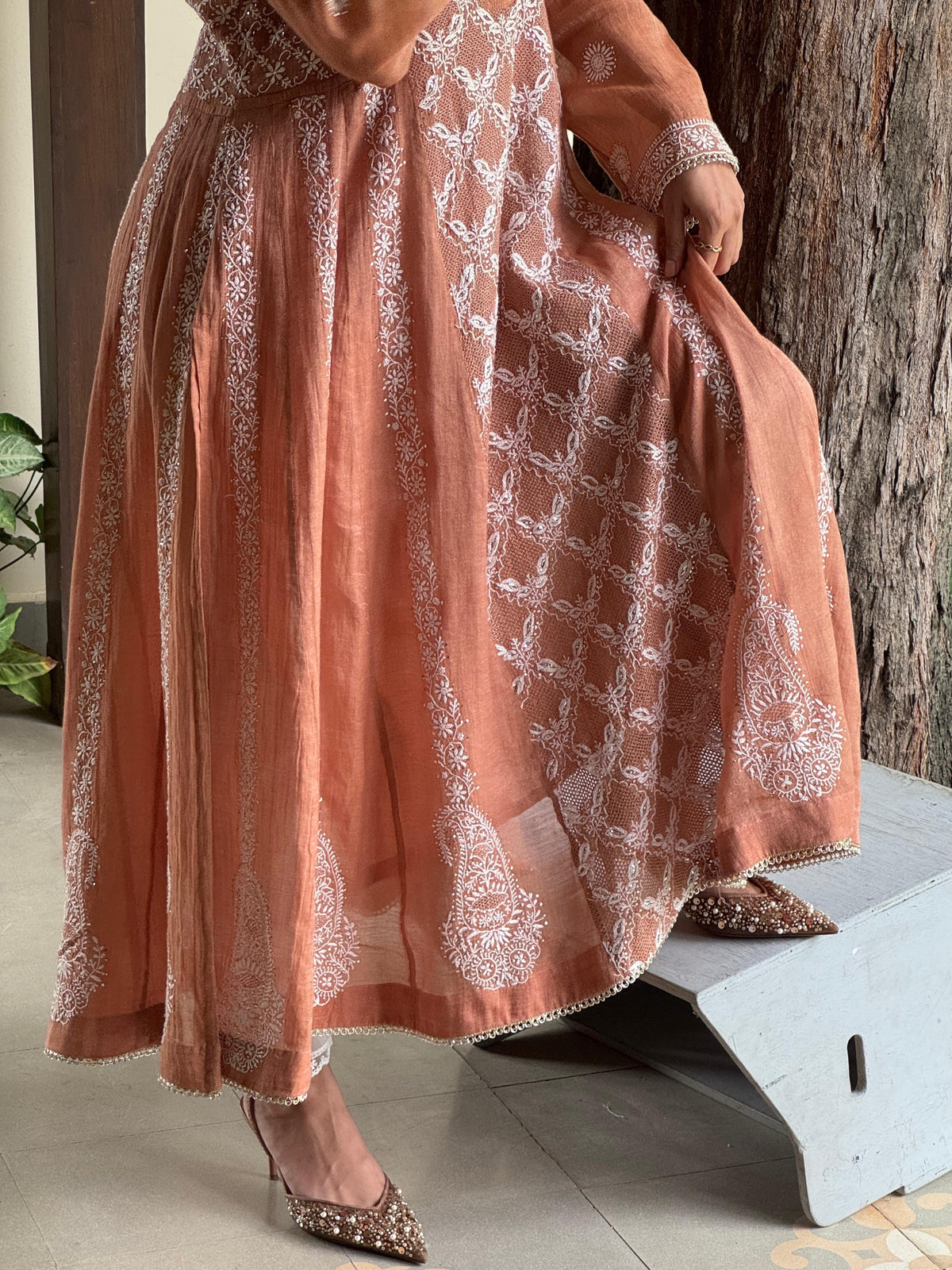 Coral Peach Shade Tissue Silk Chikankari Work Kalidar Kurta Dupatta Set
