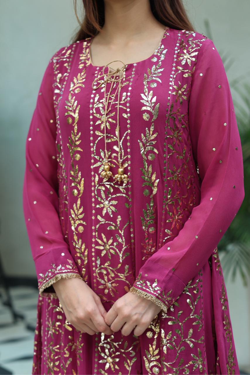 Plum Pink Shade Heavy Mukaish Badla Anarkali Suit Set