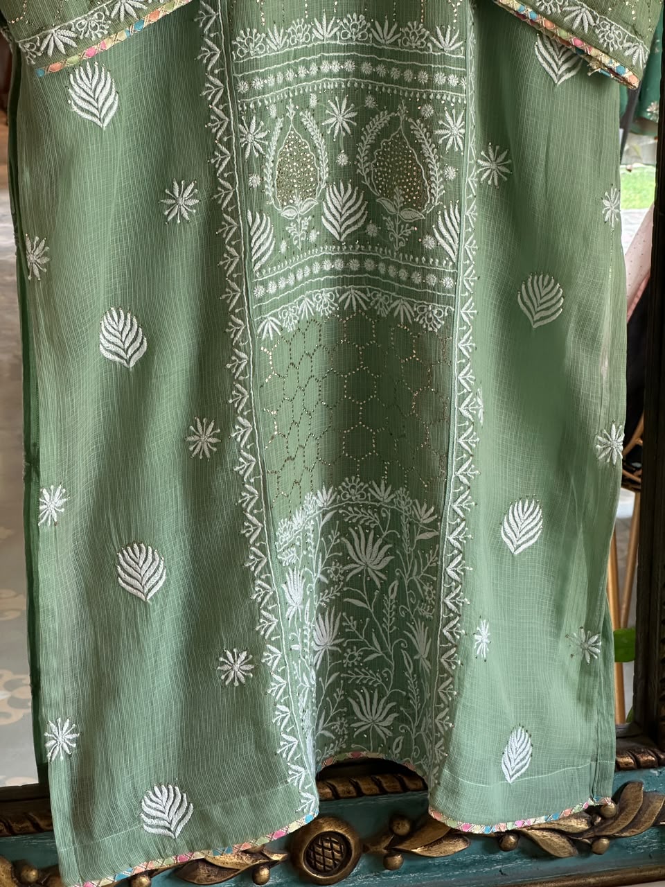 Green Shade Kota Applique Chikankari Kurta Dupatta Set