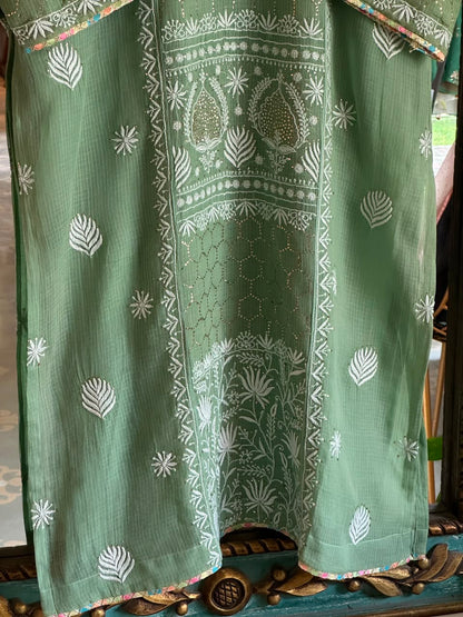 Green Shade Kota Applique Chikankari Kurta Dupatta Set