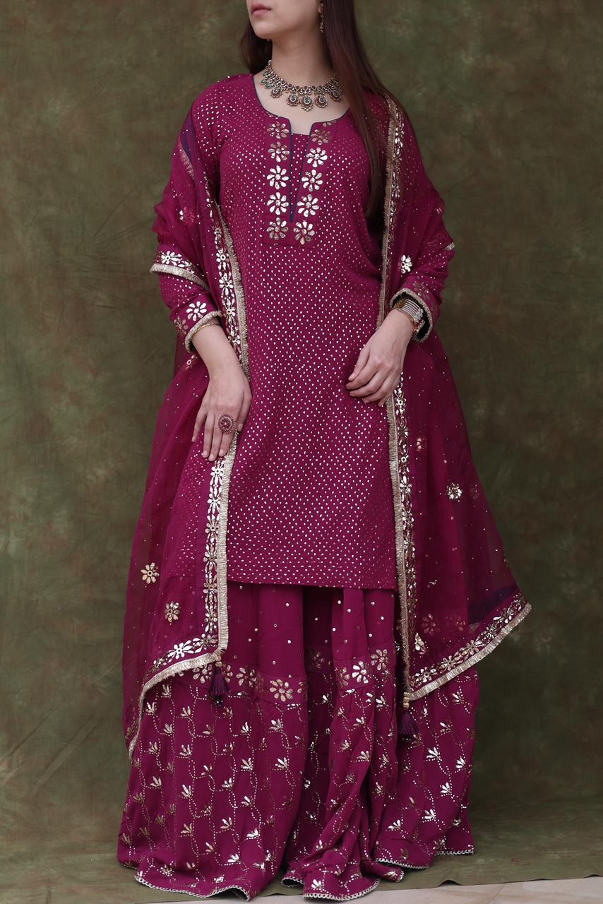 Mukaish Kamdani Plum shade Pure Georgette Kurta Gharara Set with Organza Dupatta