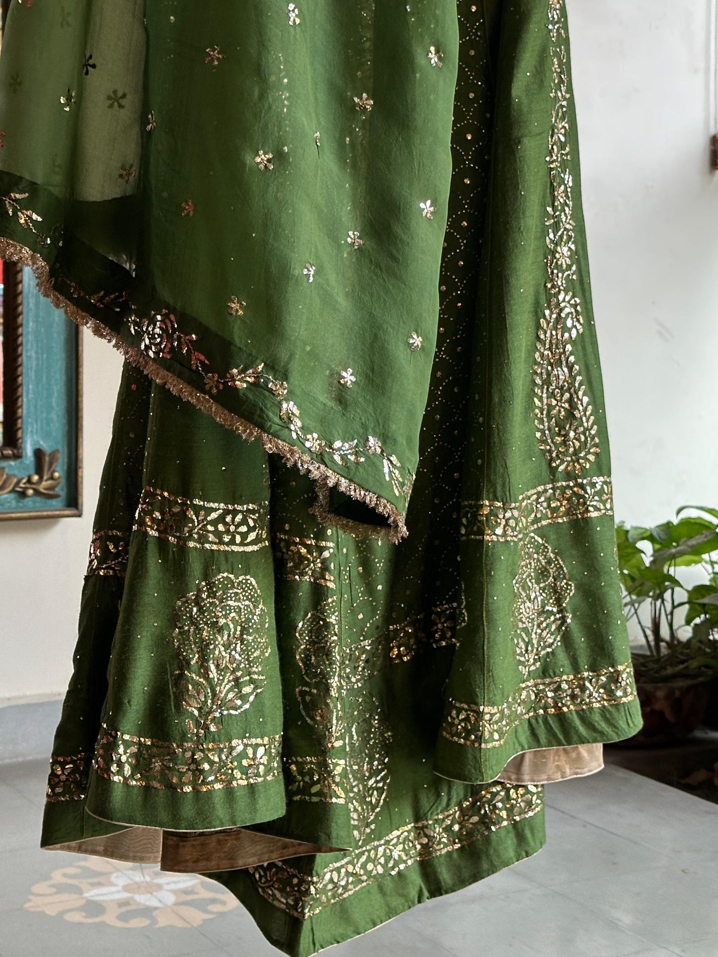 Green Moonga Silk Mukaish Badla Lehenga Set