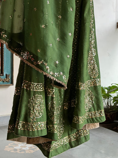 Green Moonga Silk Mukaish Badla Lehenga Set