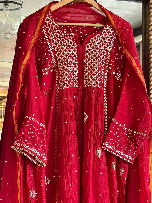 Cherry Red Shade Mukaish Mul Chanderi Silk Dress