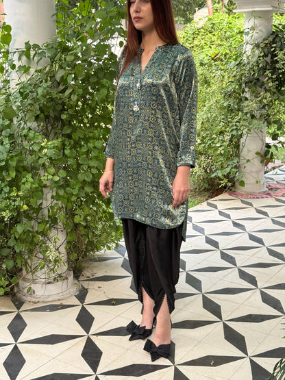 Ajrak Bluish Cyan Shade Mashru Silk, Short Kurta