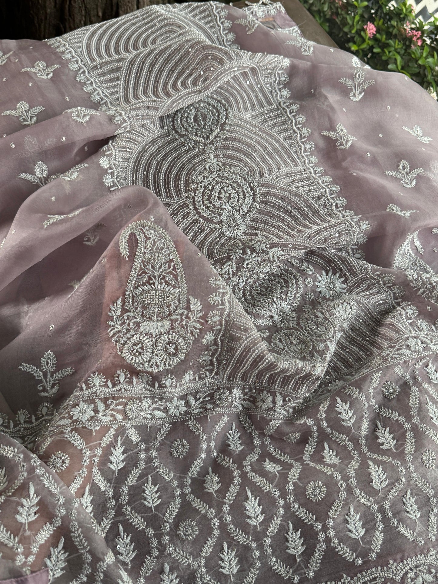 Old Lavender Shade Noor Banarasi Organza Chikankari Unstitched Fabric