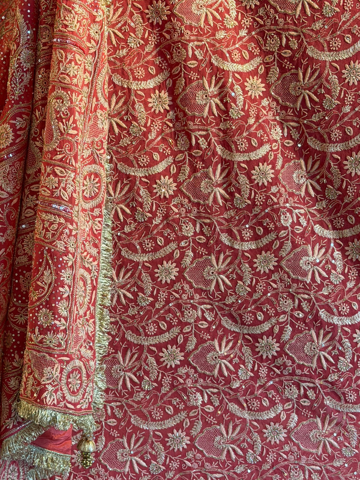 Deep Coral Shade Heavy Chikankari Jwelled Chikankari Sequinned Saree