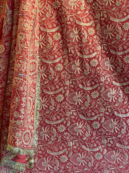 Deep Coral Shade Heavy Chikankari Jwelled Chikankari Sequinned Saree