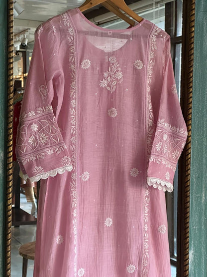 Pastel Pink Shade Malmal Pearl Work Chikankari Kurta With Dupatta